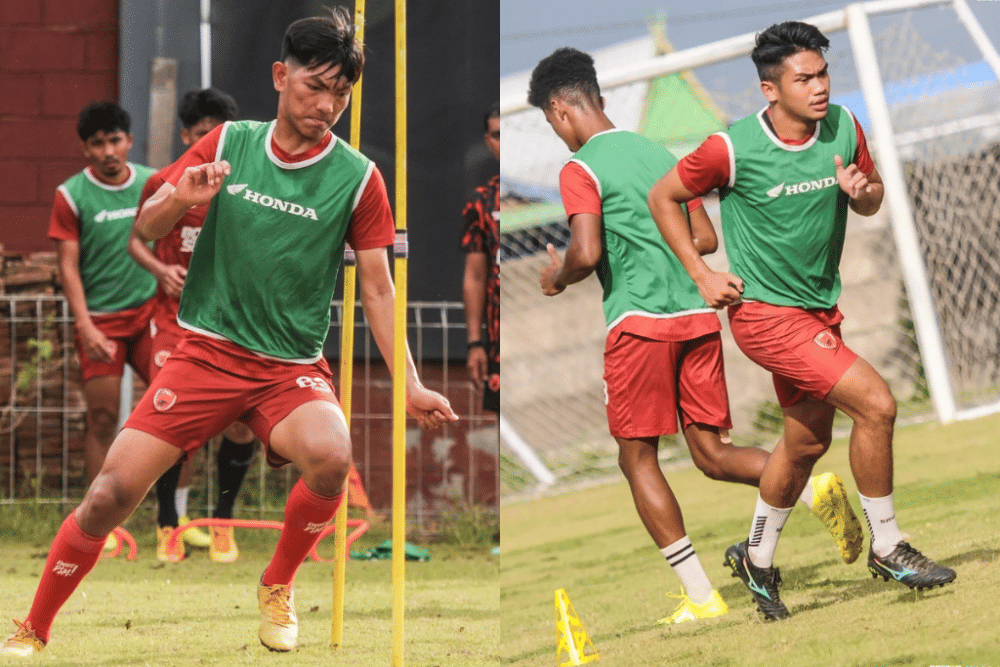 Ibnul Mubarak (kiri) dan Samuel Christianson (kanan) dalam sesi latihan PSM Makassar di Lapangan Bosowa Sport Center pada 20 Mei 2022. (Instagram.com/psm_makassar)