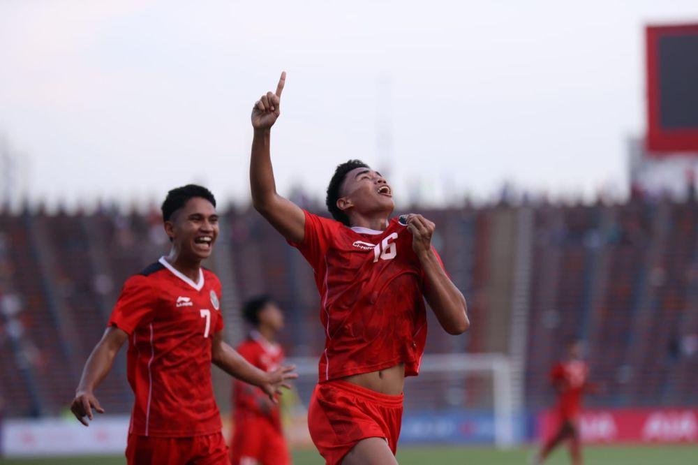 Bek Timnas Indonesia U-22, Muhammad Ferarri, usai cetak gol ke gawang Vietnam (Dokumentasi PSSI)