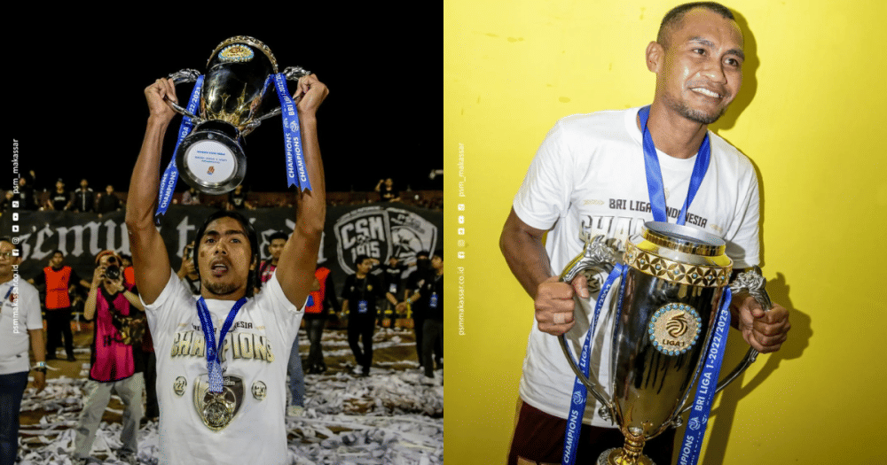 Dua bek PSM Makassar, Erwin Gutawa (kiri) dan Safrudin Tahar (kanan), berpose bersama trofi Liga 1 2022-23. (Instagram.com/psm_makassar)