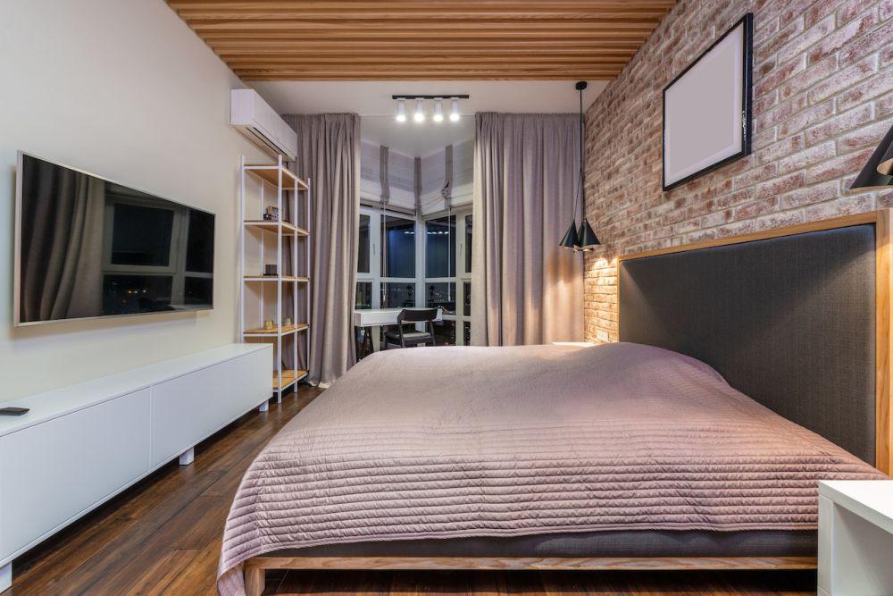 ilustrasi kamar tidur industrial dengan skema warna putih dan warna dari bahan material (pexels.com/Max Rahubovskiy)