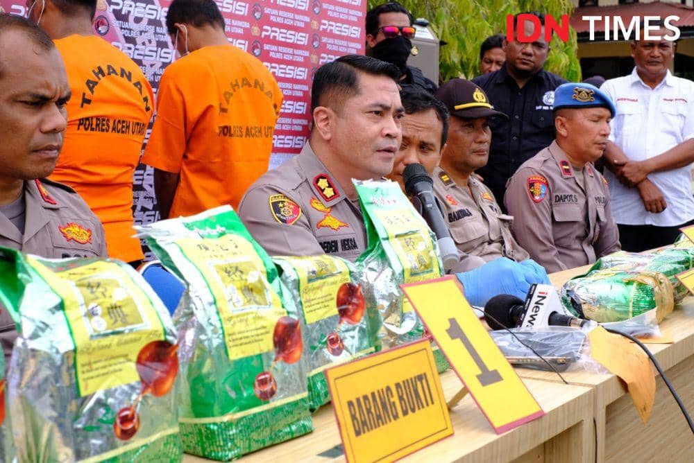 Polres Aceh Utara gelar konferensi pers kasus penangkapan 12 Kg sabu. (Dokumentasi Humas Polres Aceh Utara untuk IDN Times)