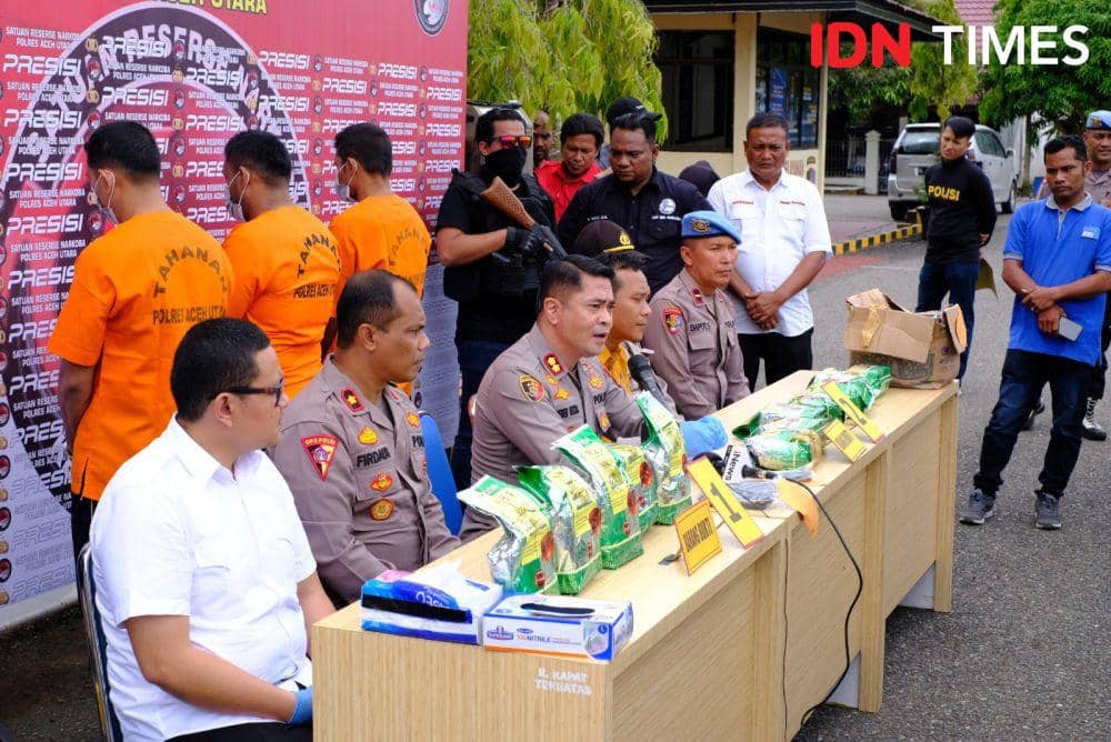 Polres Aceh Utara gelar konferensi pers kasus penangkapan 12 Kg sabu. (Dokumentasi Humas Polres Aceh Utara untuk IDN Times)