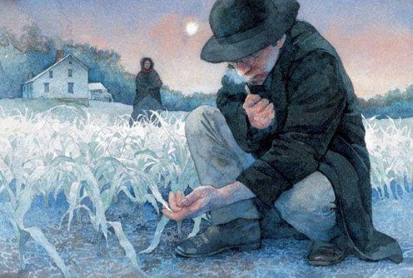 ilustrasi petani yang mengecek tanamannya yang membeku (smithsonianmag.com/Greg Harlin/Wood Ronsaville Harlin)