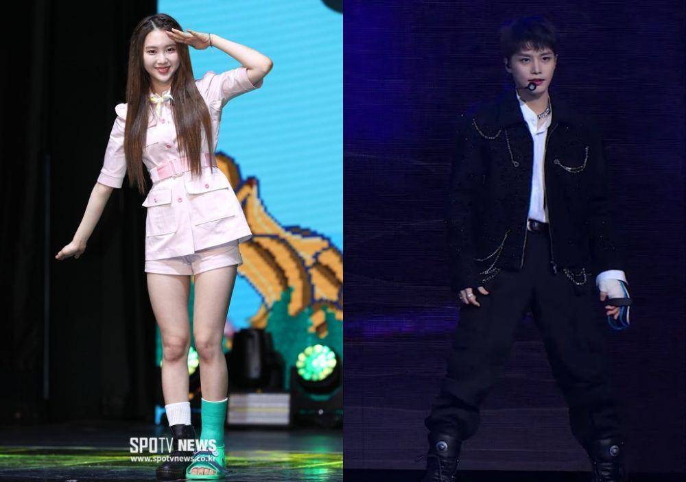 Jiho Oh My Girl memakai gips di showcase special album Banana Allergy Monkey (dok. SPOTV News/Kwak Hye Mi) | Taeil NCT memakai gips saat tampil di KBS Song Festival 2022 (youtube.com/KBS KPop)