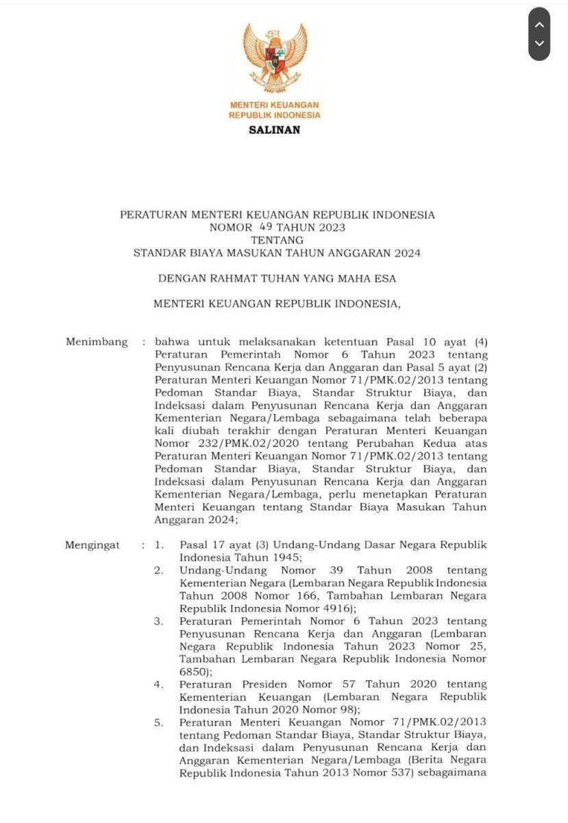 PMK49/2023 tentang standar masukan tahun anggaran 2024/Screenshot