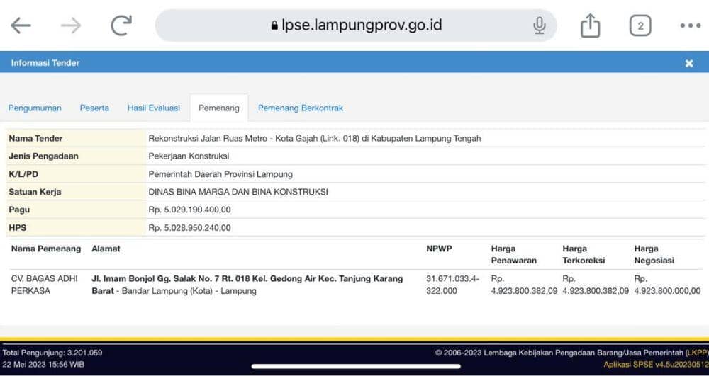 Pencatatan laman LPSE Provinsi Lampung terkait pengadaan pekerjaan CV BAP. (LPSE Provinsi Lampung).