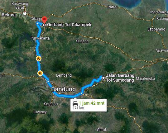 Rute dari tol Cikampek sampai keluar tol Sumedang via jalan tol Cisumdawu. (dok. Google Maps)