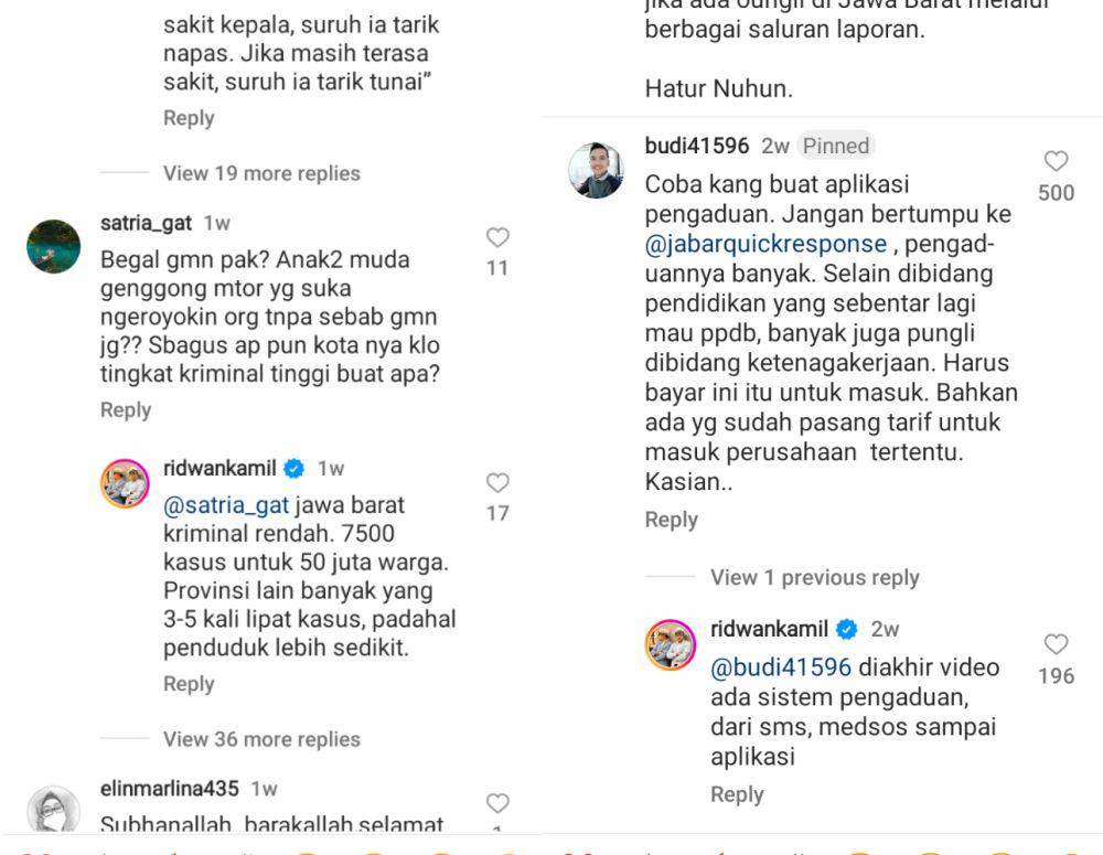 Cuplikan layar kolom komentar Instagram Ridwan Kamil (instagram.com/ridwankamil)