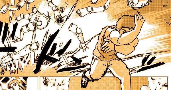 Terjangan Tanktop Master berhasil menumbangkan para robot (Dok. http://galaxyheavyblow.web.fc2.com/One Punch Man Web Comic)