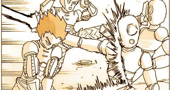 Para petarung dari Asosiasi Neo Heroes mendesak pasukan robot (Dok. http://galaxyheavyblow.web.fc2.com/One Punch Man Web Comic)