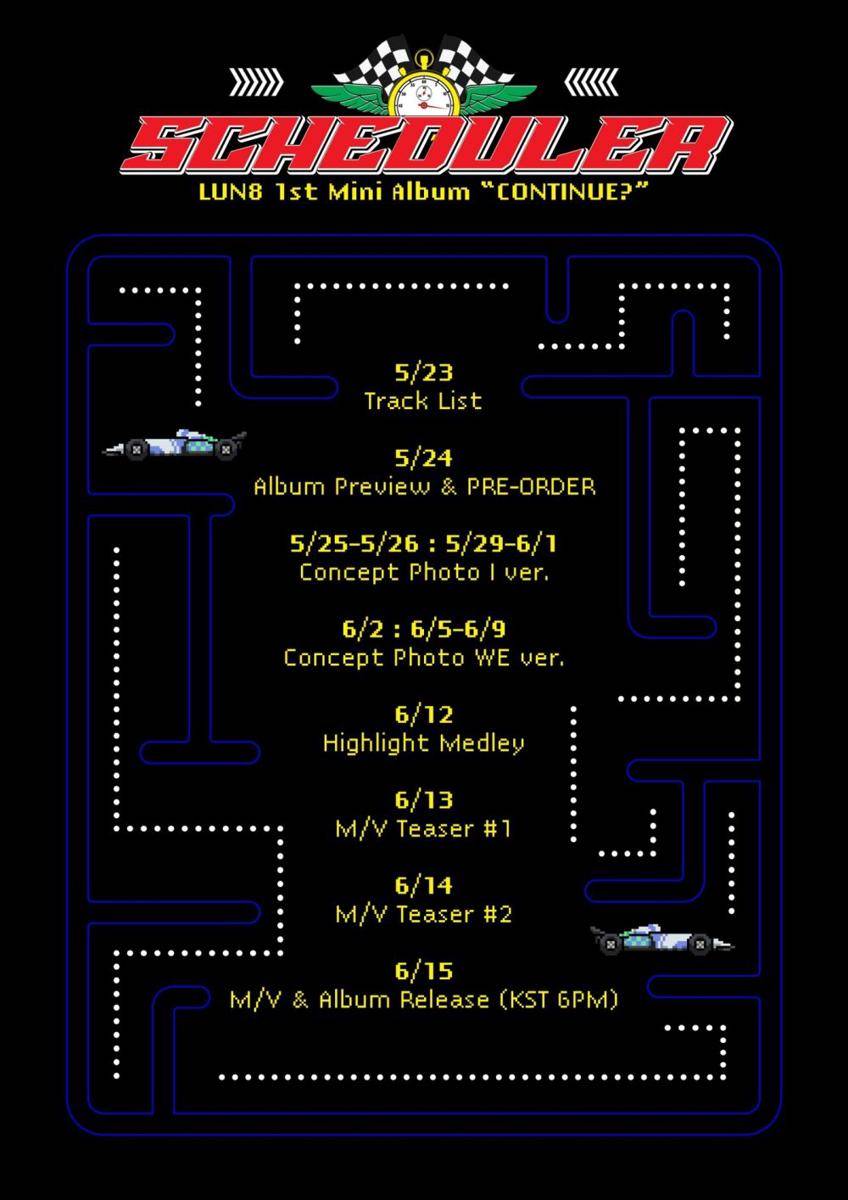 poster scheduler LUN8 1st Mini Album 'CONTINUE?' (twitter.com/fantagiomusic_)