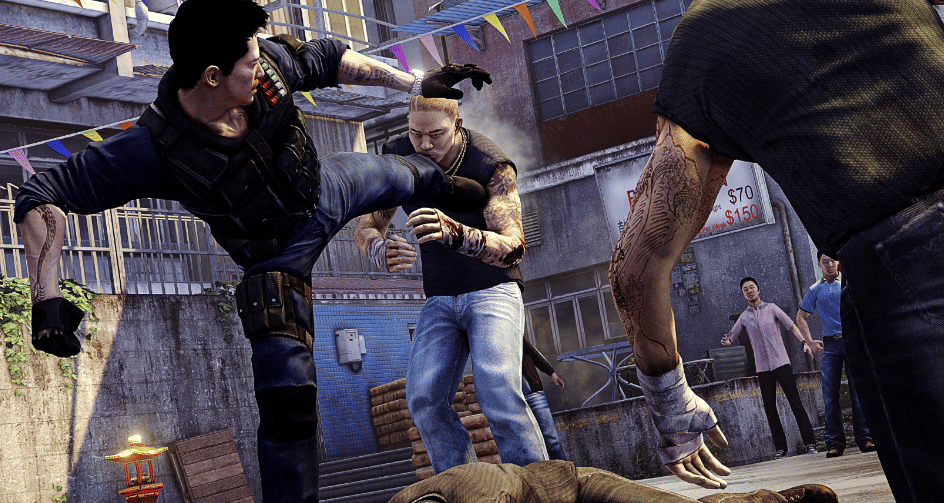 Adegan perkelahian intens antara beberapa karakter di jalanan kota dalam gameplay Sleeping Dogs: Definitive Edition.
