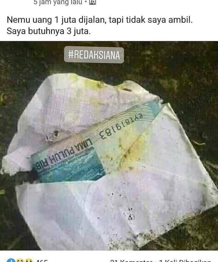status facebook kocak nemu uang (instagram.com/senipemudabali)