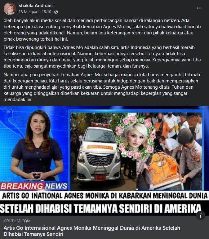 cek fakta Agnez Mo meninggal dunia (facebook.com/profile.php?id=100083575322075)