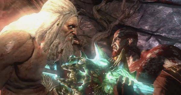 Kratos berhasil menusuk Zeus bersama Gaia ( Dok. Santa Monica Studio / God of War 3 )