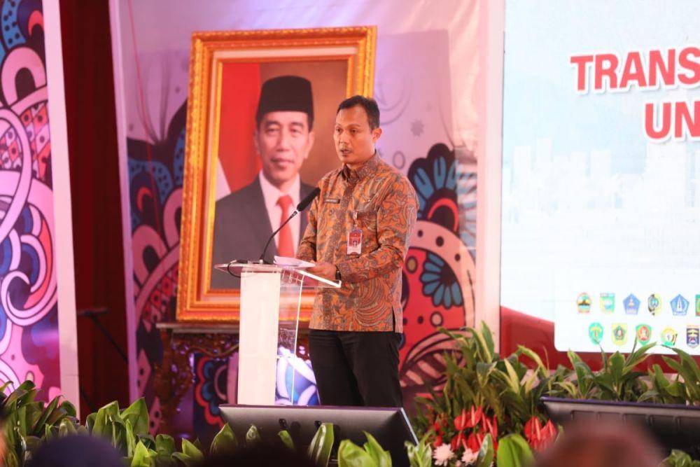 Pelaksana Tugas (Plt.) Direktur Ketahanan Ekonomi, Sosial, dan Budaya Ditjen Polpum Kemendagri Aang Witarsa Rofik memberikan sambutan dalam acara Indonesia Maju Expo & Forum 2023 (Dok. Kemendagri)