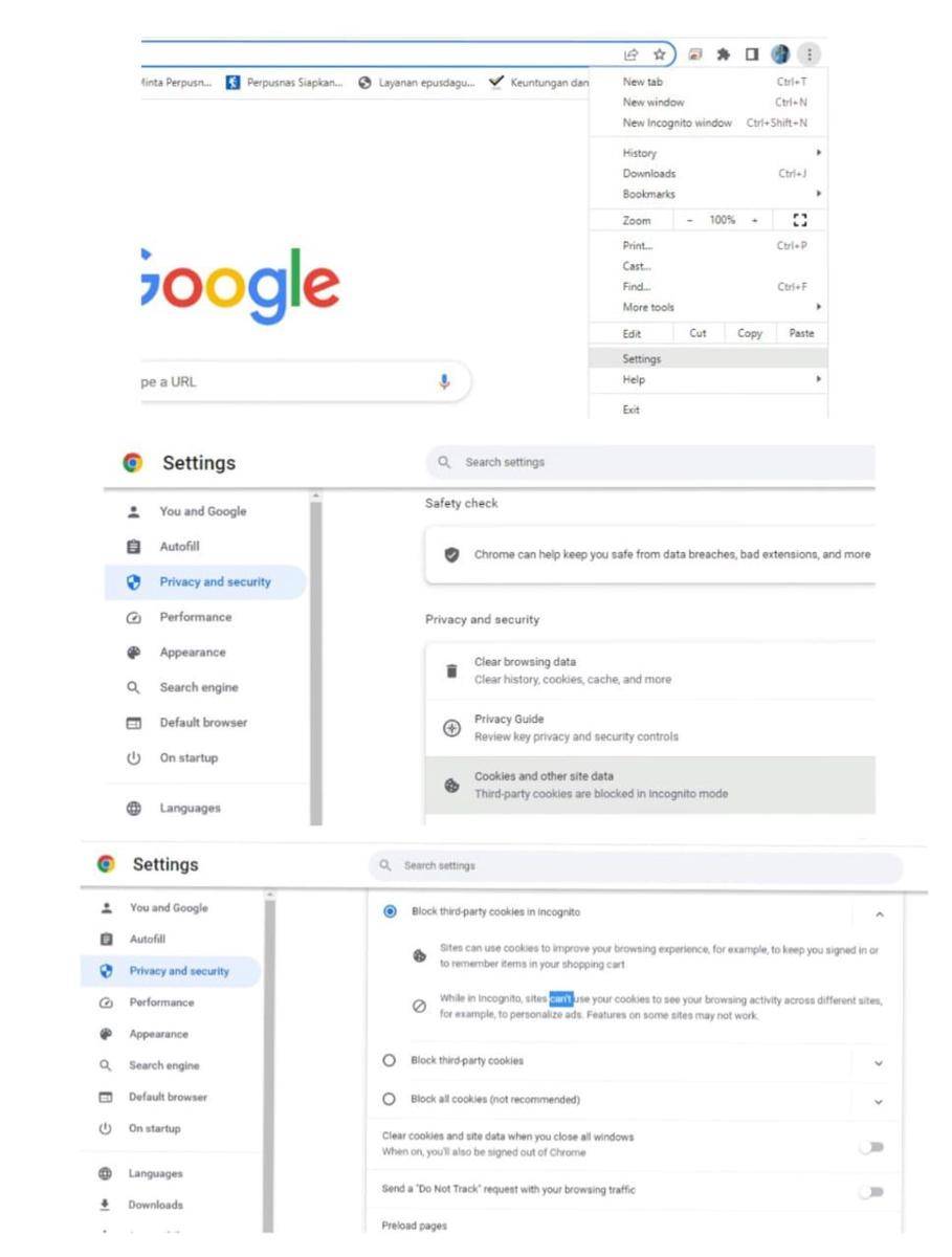 Ilustrasi menonaktifkan cookie pada peramban Google Chrome (dok. Putri Meliana A)