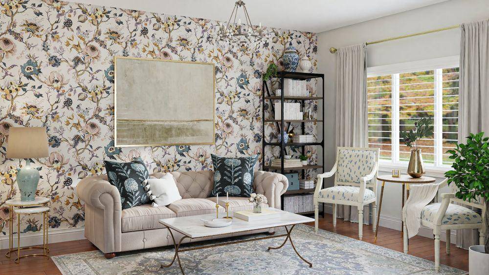 Living room dengan wallpaper floral (unsplash.com/Spacejoy)