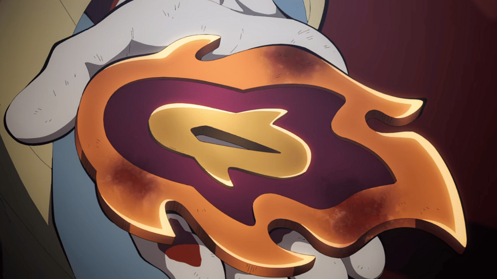 Palang pelindung pedang Kyojuro yang ditinggalkan kepada Tanjiro (dok. Ufotable/ Kimetsu no Yaiba Swordsmith Village Arc)