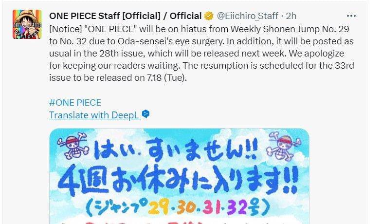 One Piece hiatus. (twitter.com/Eiichiro_Staff)