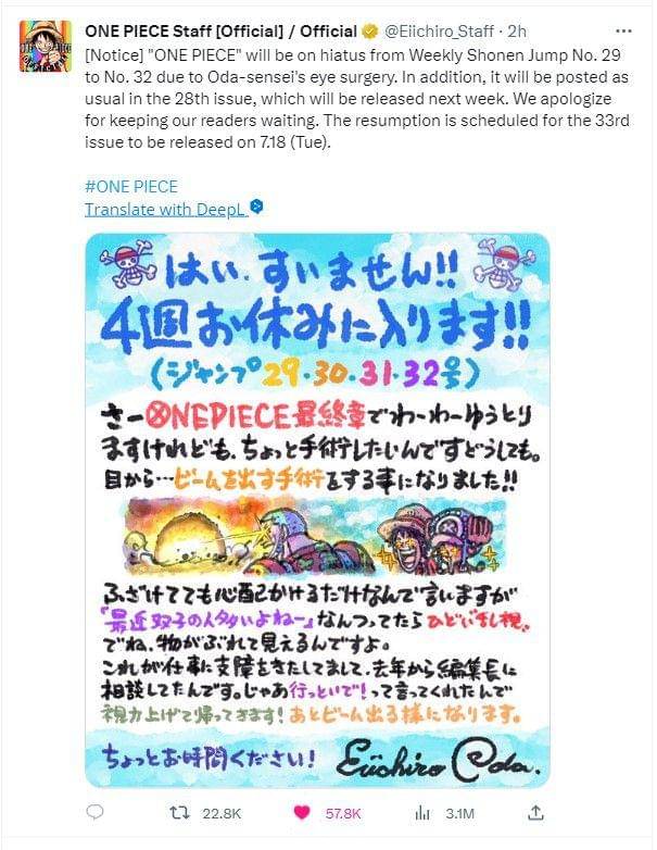 Informasi One Piece hiatus dan juga pesan Eiichiro Oda. (twitter.com/Eiichiro_Staff)