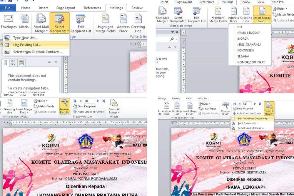 Cara menghubungkan data MS Excel ke MS Word. (dok. pribadi/Ari Budiadnyana)