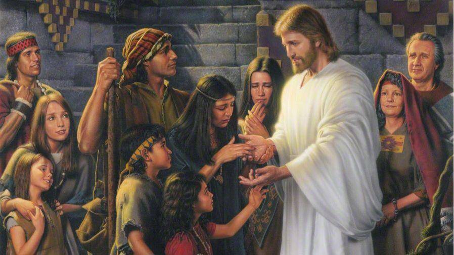 Ilustrasi Yesus Kristus mengunjungi orang-orang Nefi sebagaimana dicatat dalam Kitab Mormon dalam 3 Nefi pasal 11-18. (commons.wikimedia.org/Simon Dewey)