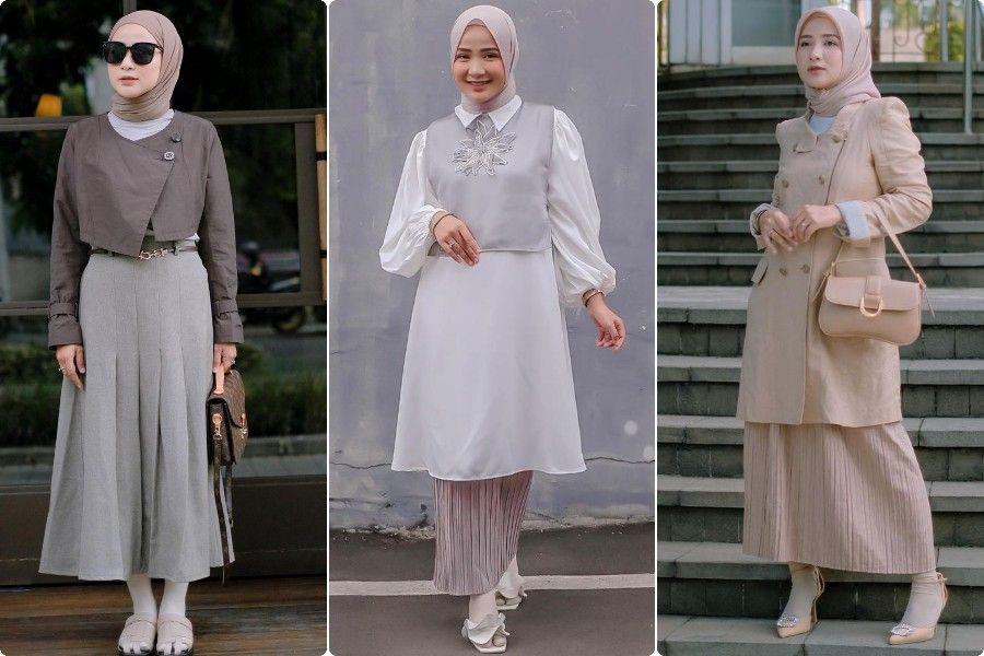 9 OOTD Hijab dengan Rok Plisket ala Ussiy Fauziah, Stylish