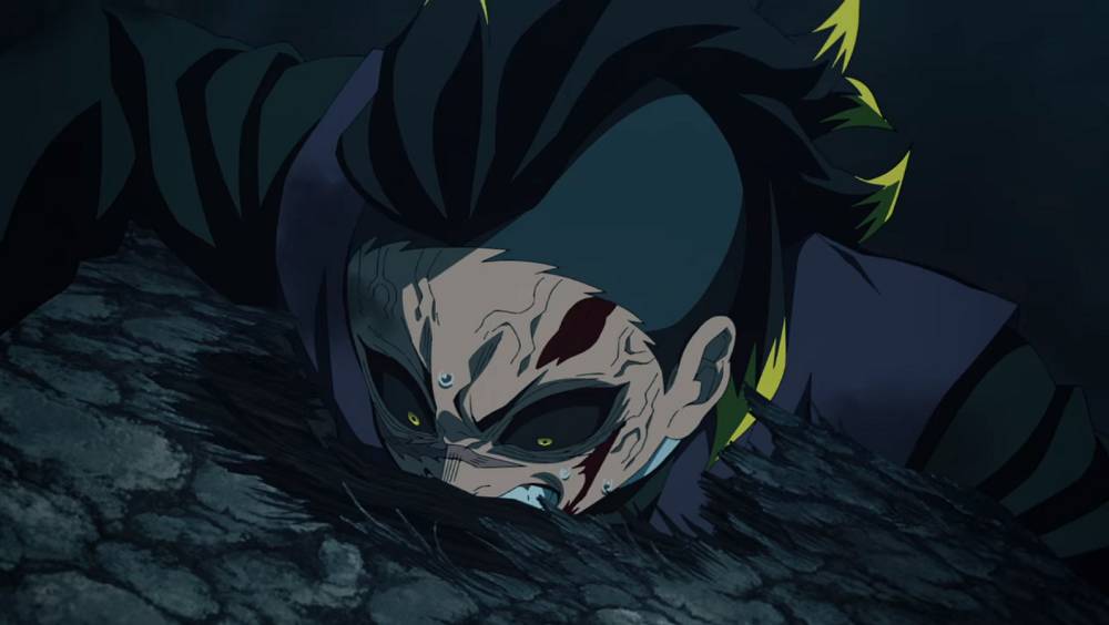 Genya memakan pohon yang dimanipulasi Zohakuten (dok. Ufotable/ Kimetsu no Yaiba Swordsmith Village Arc)