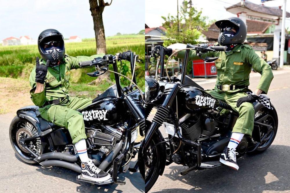 7 Potret Desta Naik Moge Pakai Seragam Hansip, Gagah!