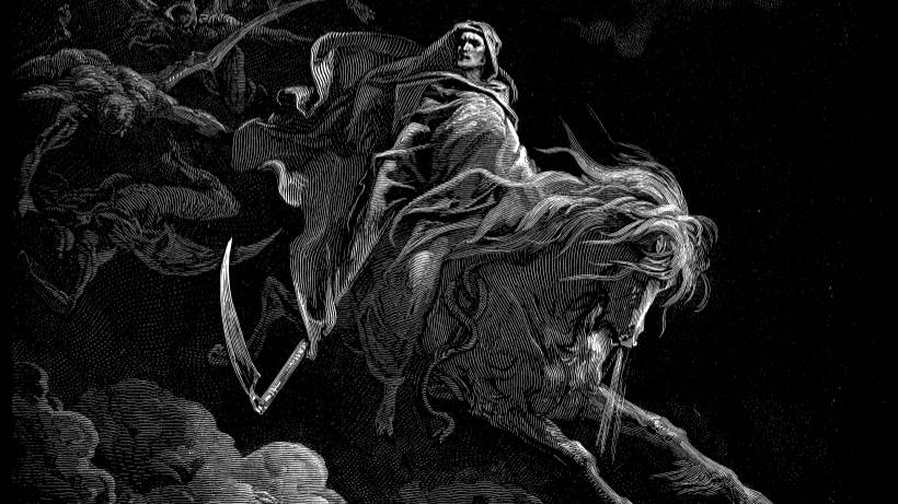 ukiran berjudul "Death on the Pale Horse" yang menggambarkan kematian yang dipersonifikasikan sebagai Penunggang Kuda Keempat (commons.wikimedia.org/Gustave Doré)