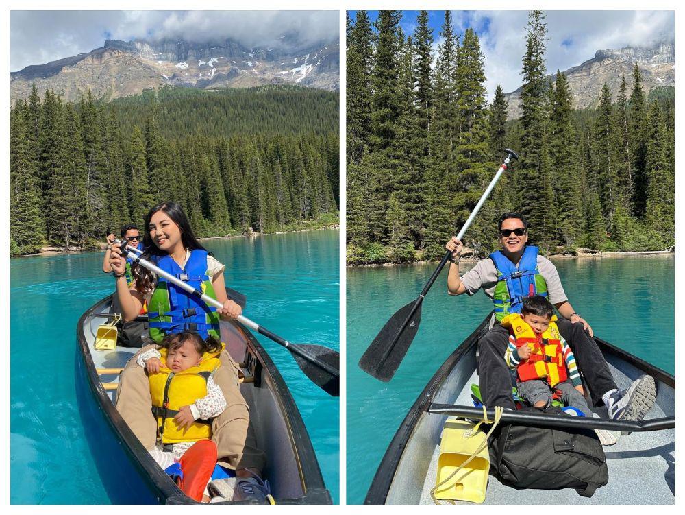 10 Momen Tiara Pangestika dan Keluarga Liburan di Moraine Lake, Indah!