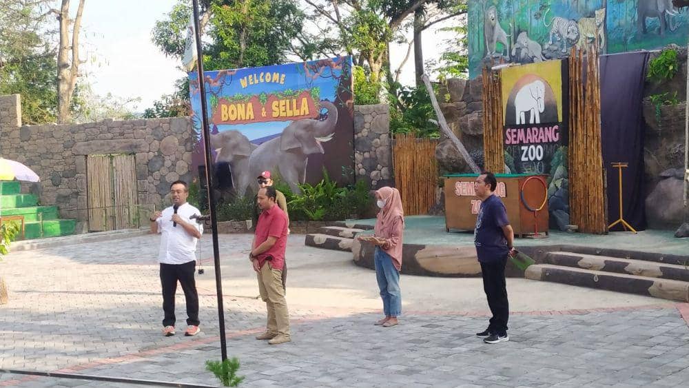 Kepala BKSDA Jateng Darmanto dan Dirut Bonbin Mangkang Semarang Choirul Awaludin saat menyampaikan proses serah terima dua gajah bernama Bona dan Zella ke Bonbin Mangkang. (IDN Times/Fariz Fardianto)