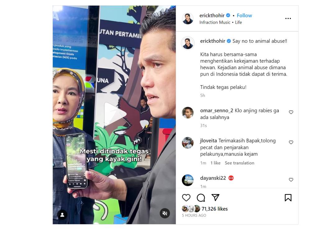 Erick geram atas aksi kekerasan terhadap hewan/Instagram@erickthohir