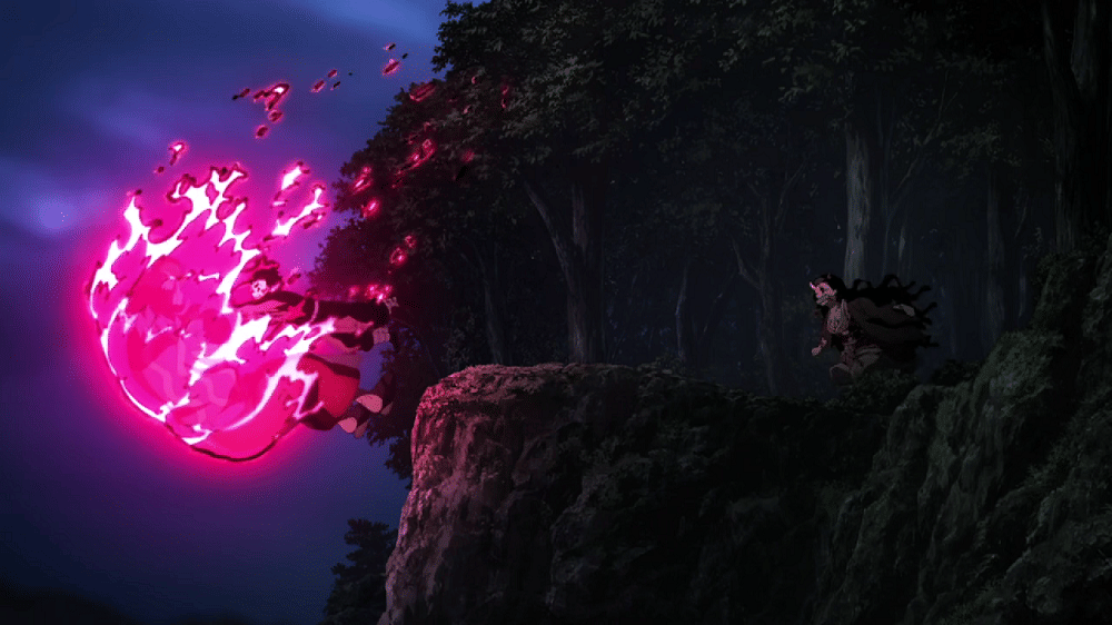 Tanjiro dan Nezuko terjatuh bersama Urami (dok. Ufotable/ Kimetsu no Yaiba Swordsmith Village Arc)