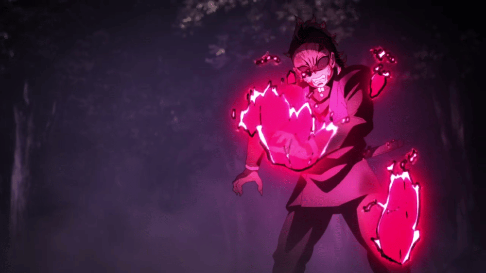 Genya merasakan efek api Nezuko (dok. Ufotable/ Kimetsu no Yaiba Swordsmith Village Arc)