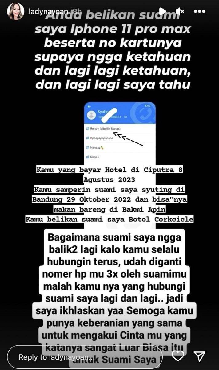 potret bukti perselingkuhan Syahnaz Sadiqah dan Rendy (instagram.com/ladynayoan)