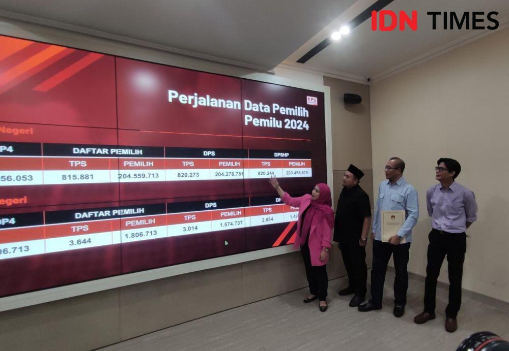 Ketua KPU RI Hasyim Asy'ari bersama sejumlah Anggota KPU menjelaskan data pemilih Pemilu 2024 (IDN Times/Yosafat Diva Bayu Wisesa)