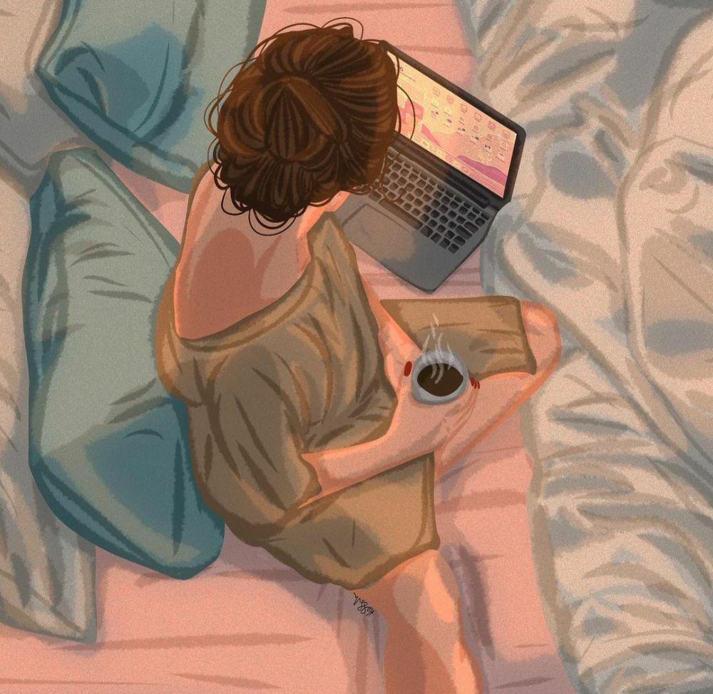 ilustrasi cewek mengecek laptop (instagram.com/hessah._.art)
