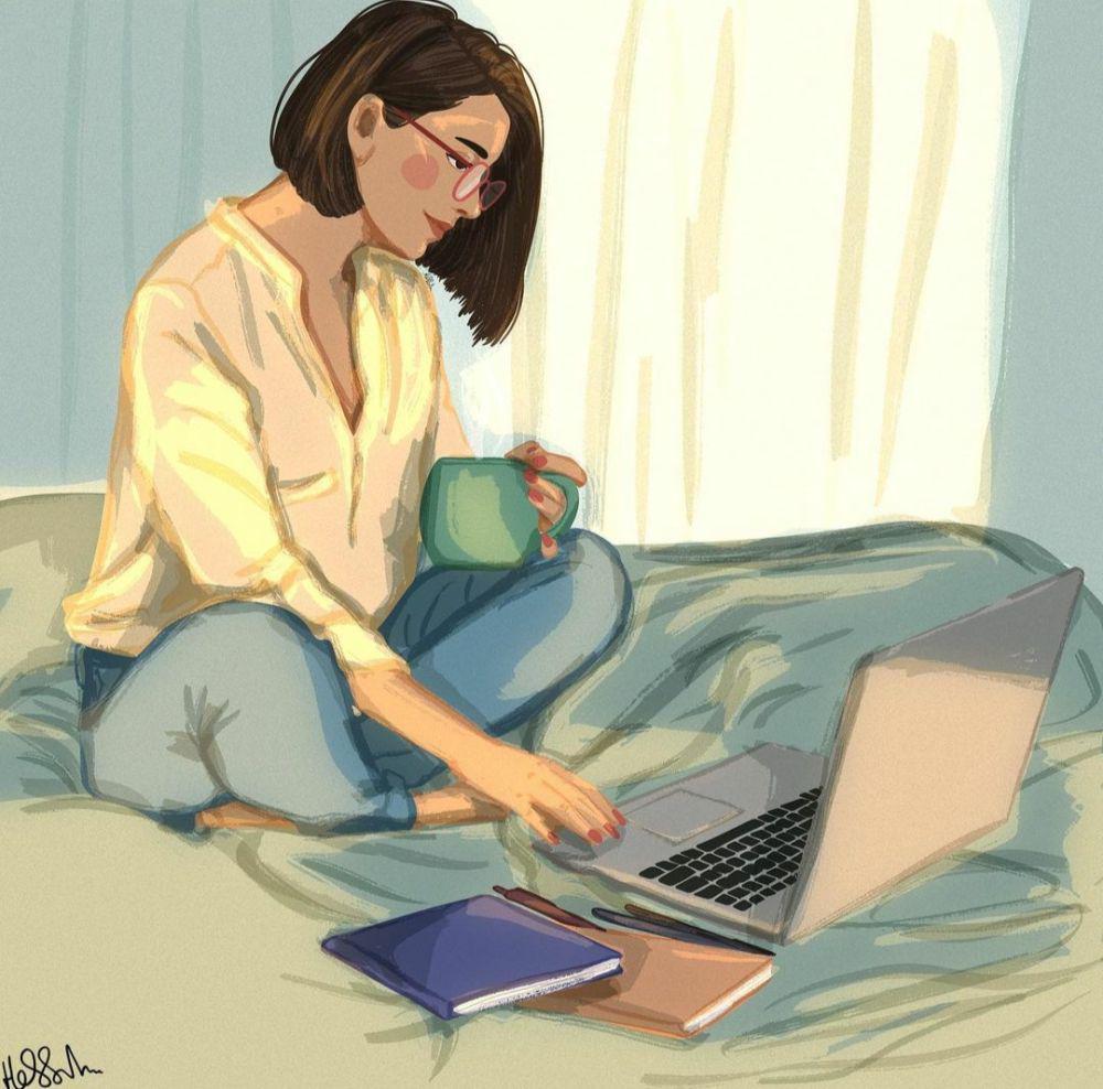 ilustrasi cewek kerja dari rumah (instagram.com/hessah._.art)