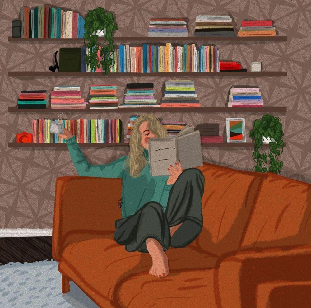 ilustrasi cewek membaca buku (instagram.com/hessah._.art)