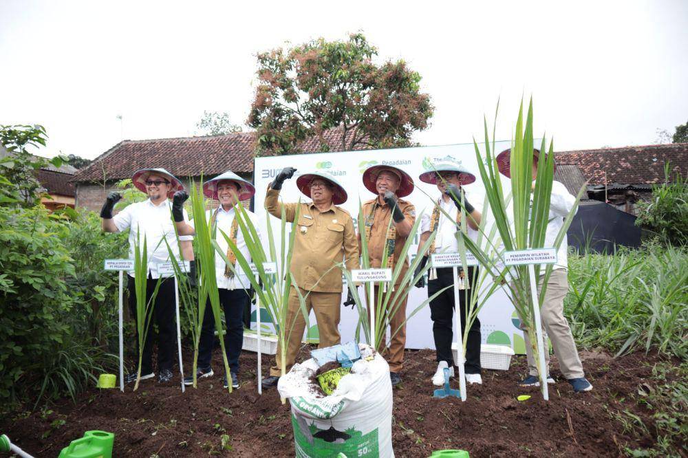 PT Pegadaian bersama dengan Pemerintah Kabupaten Tulungagung, meresmikan Rumah Produksi Kelompok Usaha Bersama (KUBE) Berkah Abadi binaan Pegadaian, sekaligus meluncurkan program The Gade Integrated Farming di Desa Sendang, Kecamatan Sendang, Kab. Tulungagung pada Selasa (27/16). (Dok. Pegadaian)