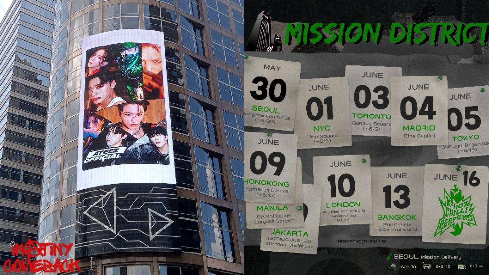 potret iklan ATEEZ di Jakarta (twitter.com/inatinycomeback) | pengumuman mission district di comeback ATEEZ (twitter.com/ATEEZofficial)