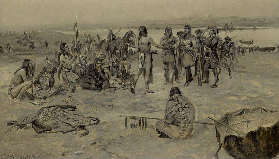 lukisan Lewis dan Clark saat bertemu dengan penduduk asli Amerika (commons.wikimedia.org/Charles Marion Russell)