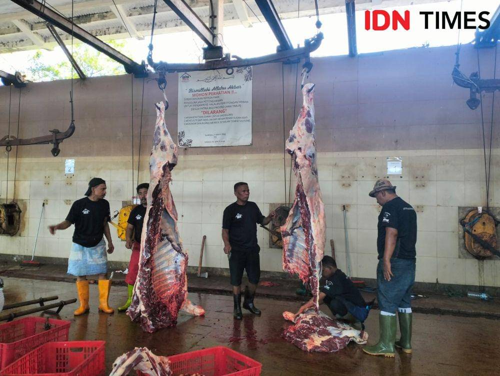 Suasana pemotongan hewan kurban di RPH Surabaya, Rabu (28/6/2023). (IDN Times/Khusnul Hasana).