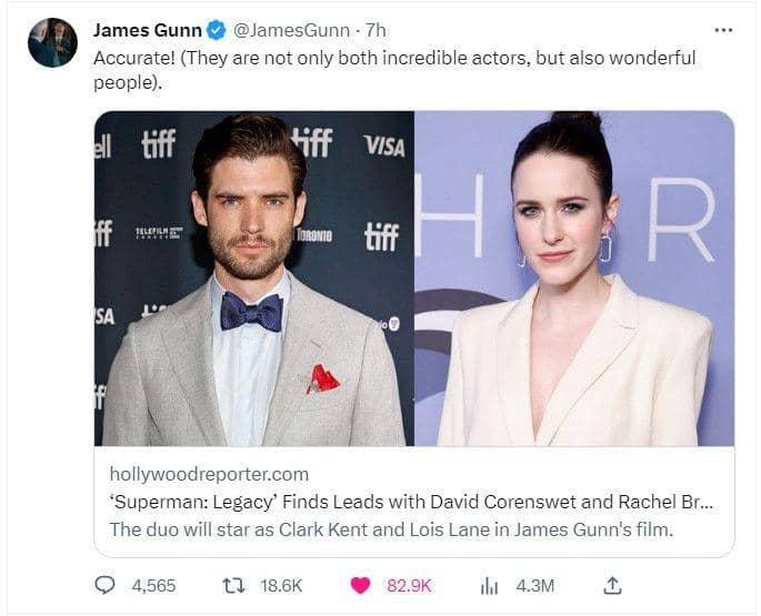 Komentar James Gunn soal pengumuman pemeran Superman dan Lois Lane. (twitter.com/JamesGunn)