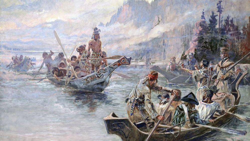 lukisan ekspedisi Lewis dan Clark dalam kano bertemu dengan beberapa penduduk asli Amerika (commons.wikimedia.org/Charles Marion Russell)