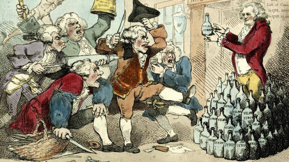 ilustrasi seorang dukun yang menawarkan obat berbahan dasar merkuri (commons.wikimedia.org/Thomas Rowlandson)