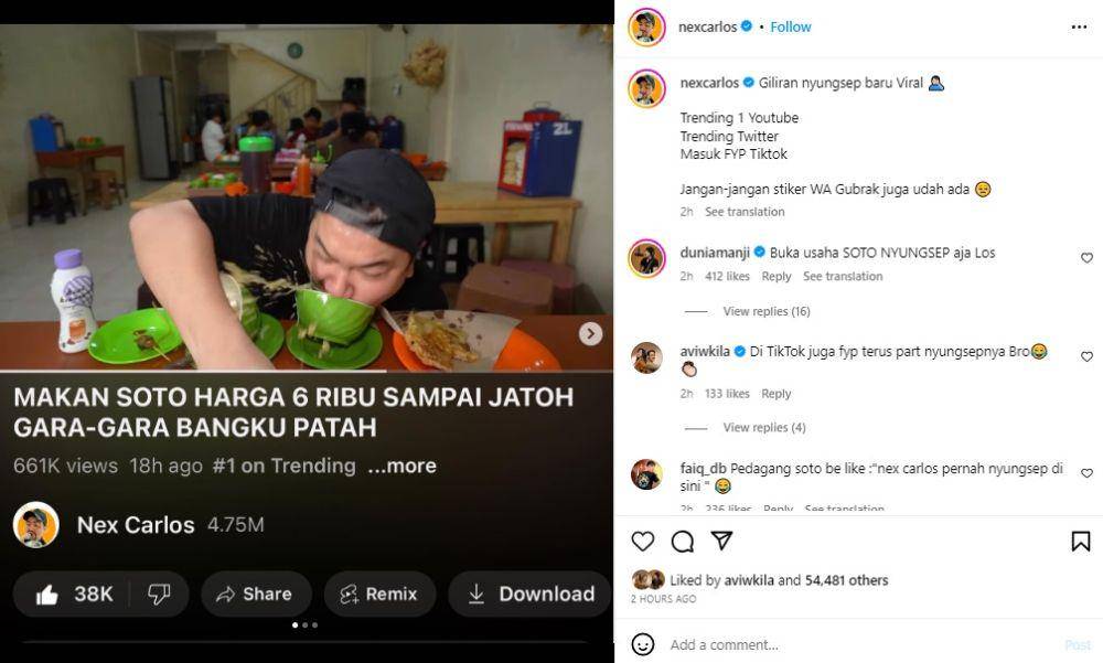Nex Carlos jatuh saat review soto (youtube.com/Nex Carlos)