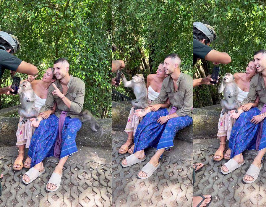 Guido Rodriguez dan Guadalupe Ramon saat membuat foto selfie bareng monyet di Monkey Forest, Ubud. (Instagram.com/wadaramon)